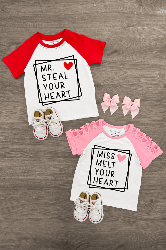 "Mr. Steal Your Heart & Miss Melt Your Heart" Top - Boy or Girl - BOY-3XS-6-12 Months-FAMILY - Two toddler raglan tops, one red sleeves with "Mr. Steal Your Heart" text and heart graphic, one pink sleeves with "Miss.