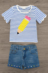 Rhinestone Pencil Denim Short Set - 3T - White and blue striped short-sleeve shirt with large yellow rhinestone pencil graphic, paired with blue denim shorts with.