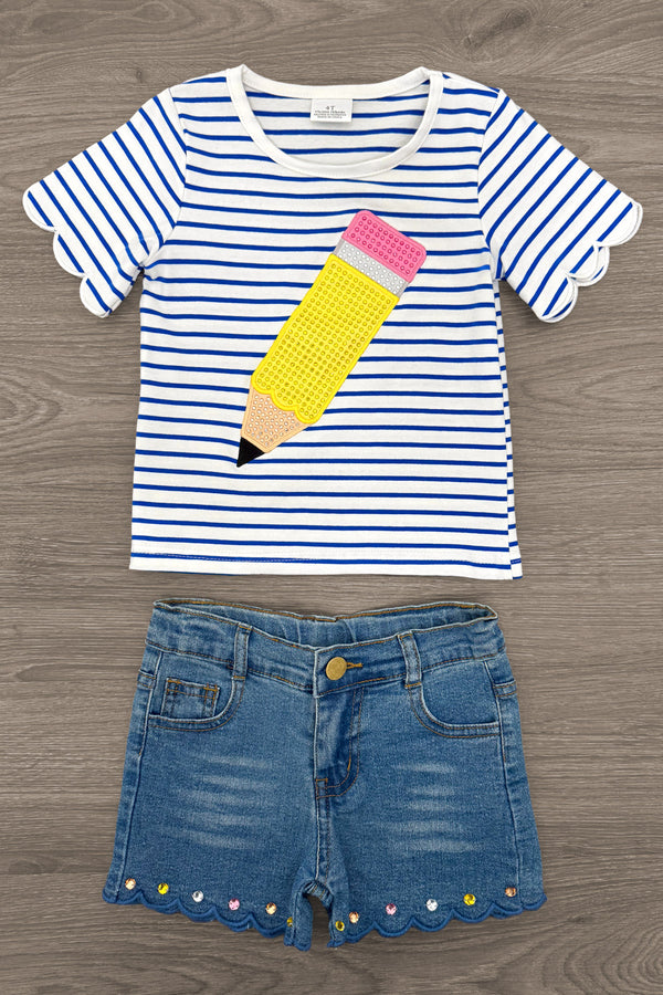 Rhinestone Pencil Denim Short Set - 3T - White and blue striped short-sleeve shirt with large yellow rhinestone pencil graphic, paired with blue denim shorts with.