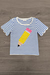Rhinestone Pencil Denim Short Set - 3T - Blue and white striped short-sleeve t-shirt with a large yellow, pink, and black pencil graphic on front.