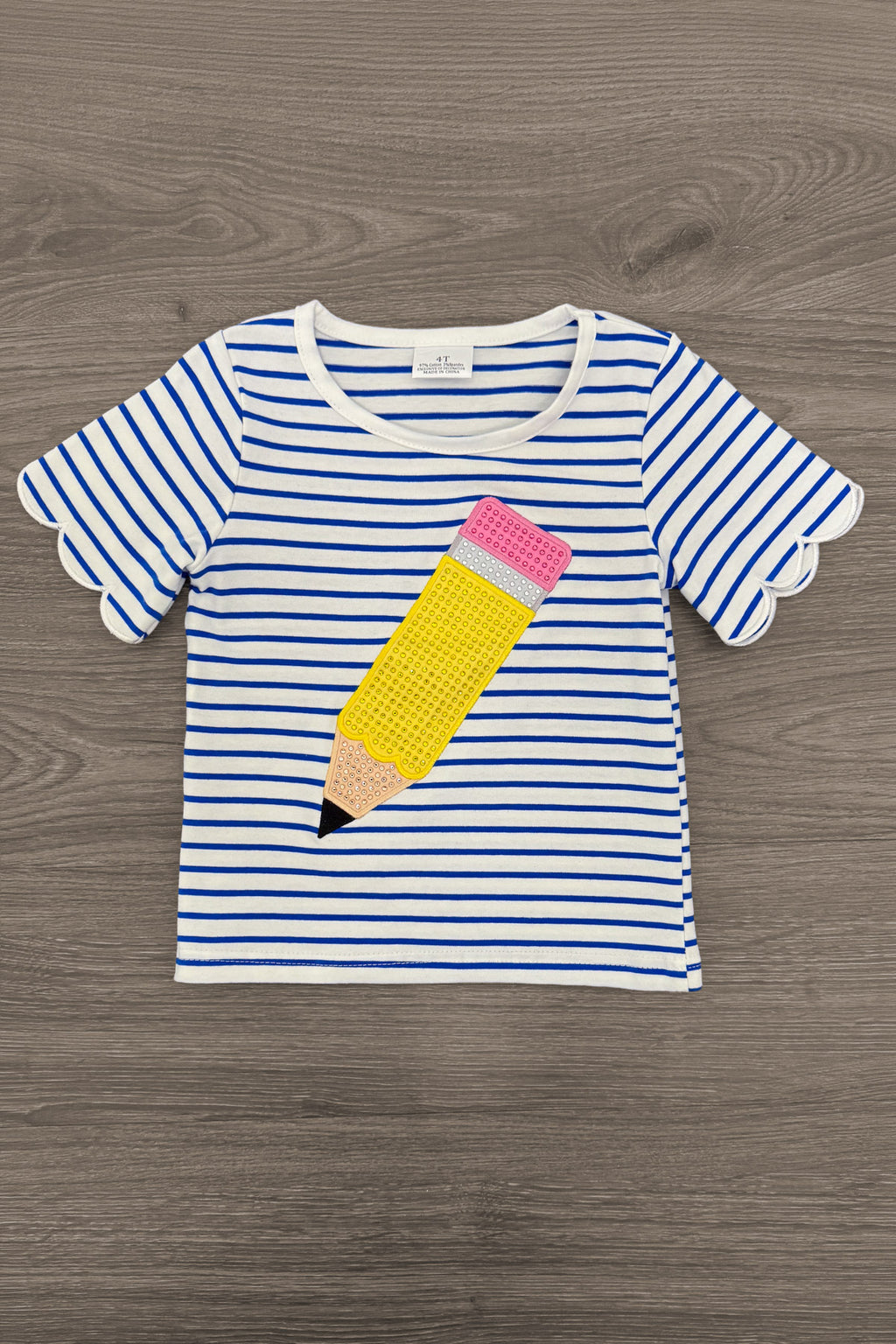 Rhinestone Pencil Denim Short Set - 3T - Blue and white striped short-sleeve t-shirt with a large yellow, pink, and black pencil graphic on front.
