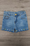 Rhinestone Pencil Denim Short Set - 3T - Blue denim shorts with scalloped hem decorated with multicolored rhinestones and gold button closure.
