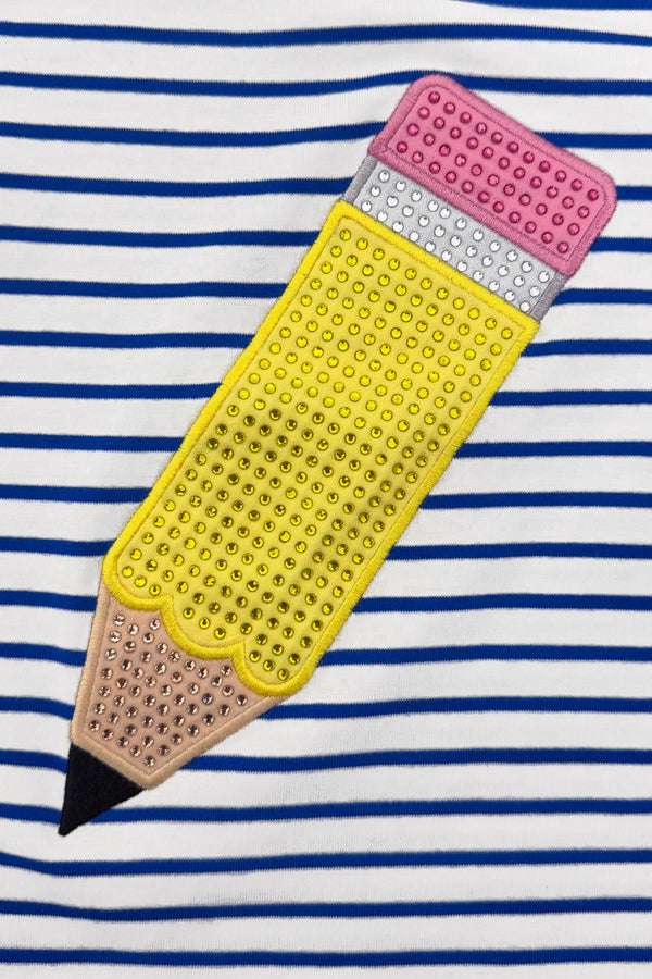 Rhinestone Pencil Denim Short Set - 3T - Blue and white striped fabric with a yellow rhinestone pencil applique featuring pink and beige eraser and black tip details.