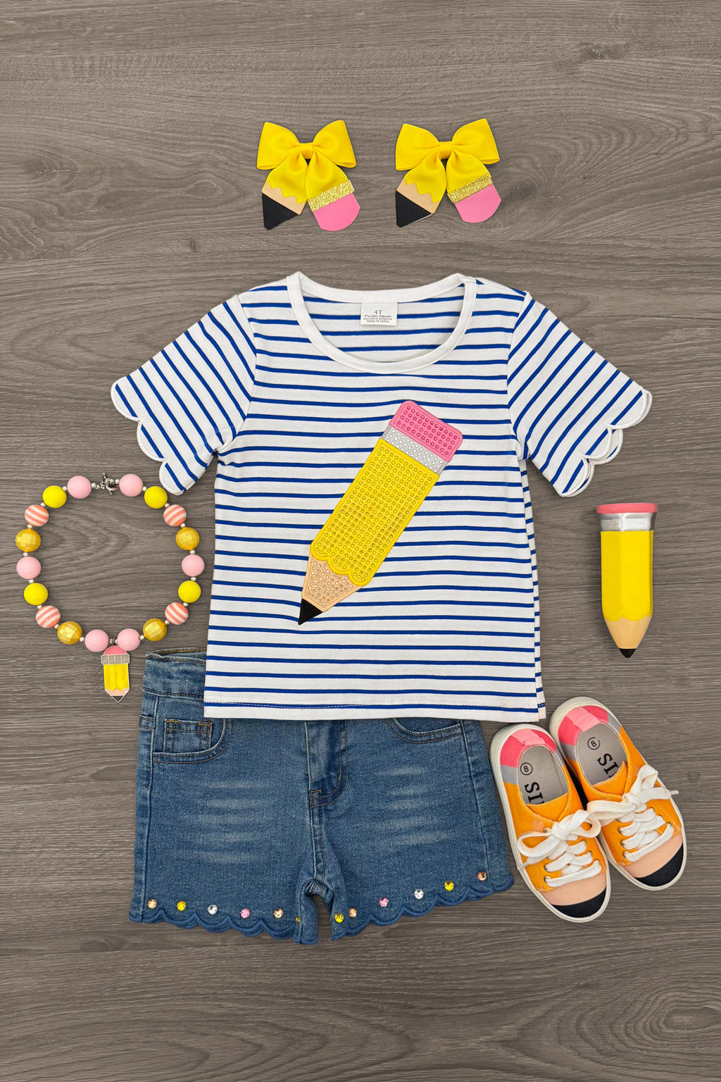 Rhinestone Pencil Denim Short Set - 3T - Blue and white striped short-sleeve shirt with pink and yellow pencil graphic paired with blue denim shorts featuring.