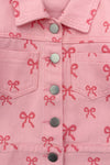 Pink Bow Denim Jacket - 6-12 Months - Pink denim jacket with all-over small bow print, snap buttons, and front chest pockets.