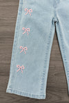 Pink Denim Bow Pants - 6-12 Months - Light blue denim pants with wide legs and four small pink embroidered bows on the left leg.