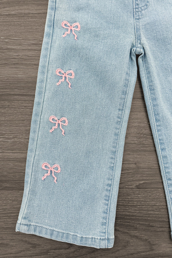 Pink Denim Bow Pants - 6-12 Months - Light blue denim pants with wide legs and four small pink embroidered bows on the left leg.