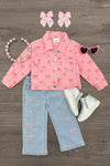 Pink Denim Bow Pants - 6-12 Months - Pink denim jacket with embroidered bows, matching light blue denim pants with bow details, white boots, pink bow hair clips,