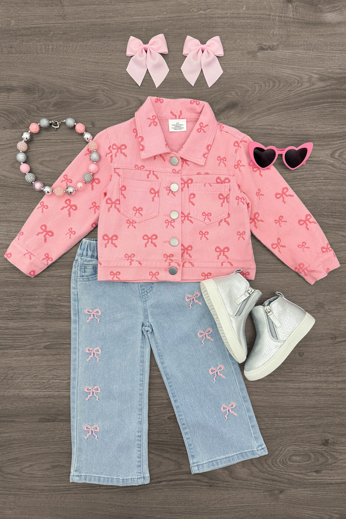Pink Denim Bow Pants - 6-12 Months - Pink denim jacket with embroidered bows, matching light blue denim pants with bow details, white boots, pink bow hair clips,