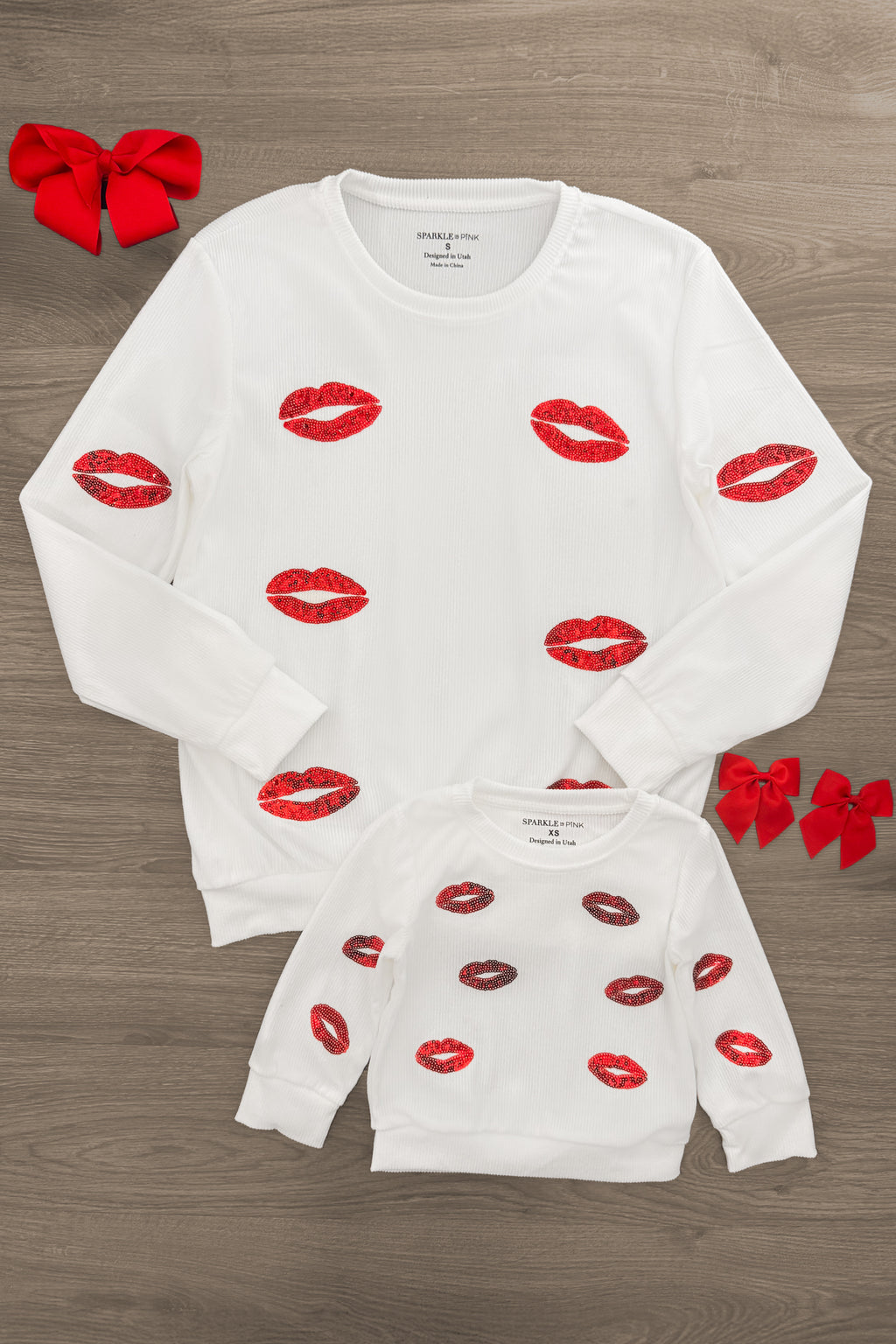 Mom & Me - White Sequin Lipstick Kiss Top | Sparkle in Pink