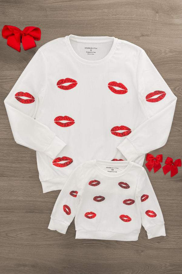 Mom & Me - White Sequin Lipstick Kiss Top | Sparkle in Pink