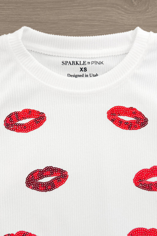 Mom & Me - White Sequin Lipstick Kiss Top | Sparkle in Pink