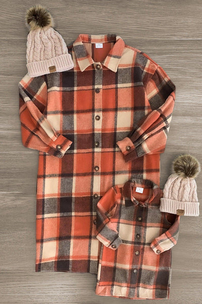 Orange Flannel Button Down Shacket Matching Mom Me Clothing