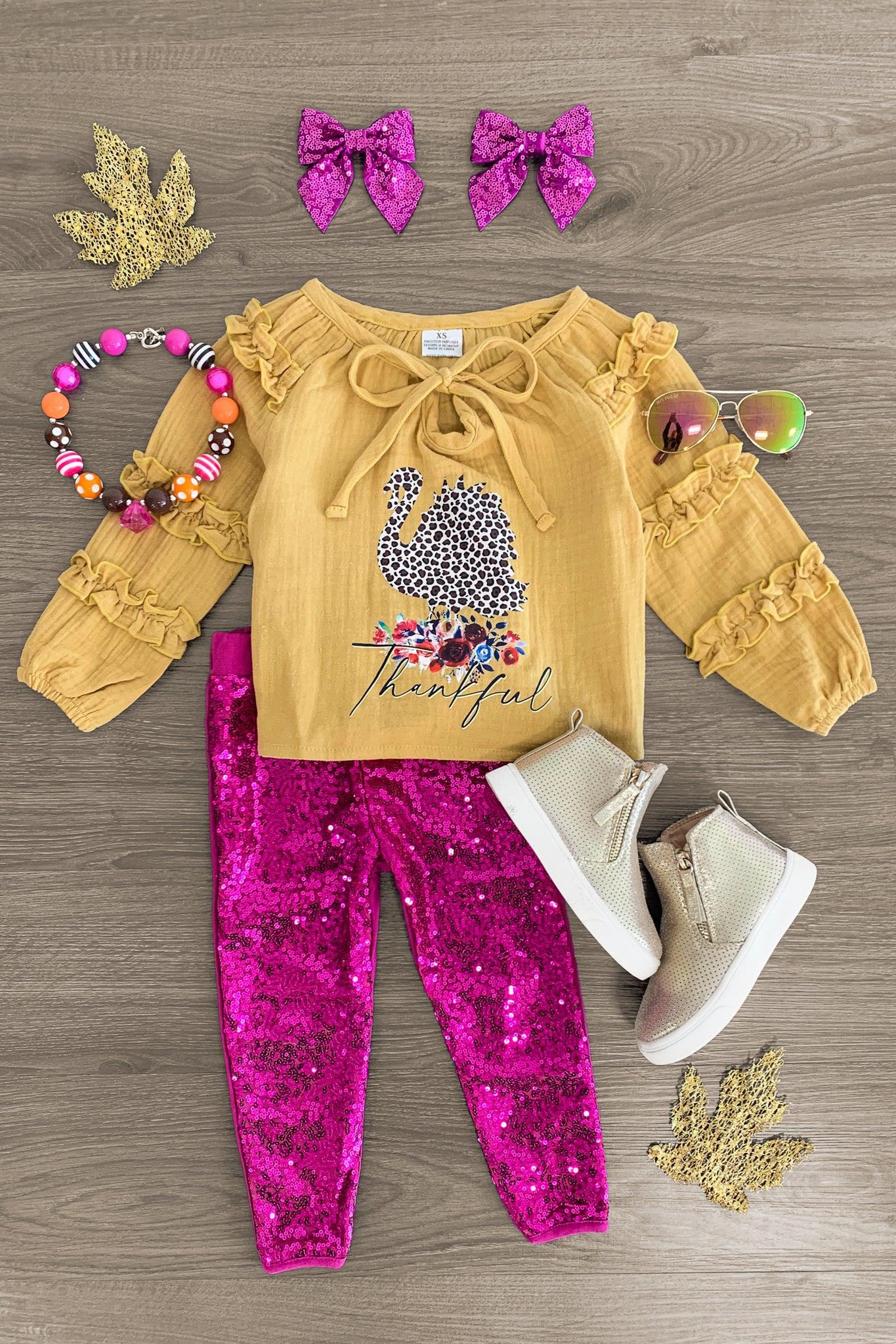 "Thankful" Pink & Mustard Sequin Pant Set - Sparkle in Pink