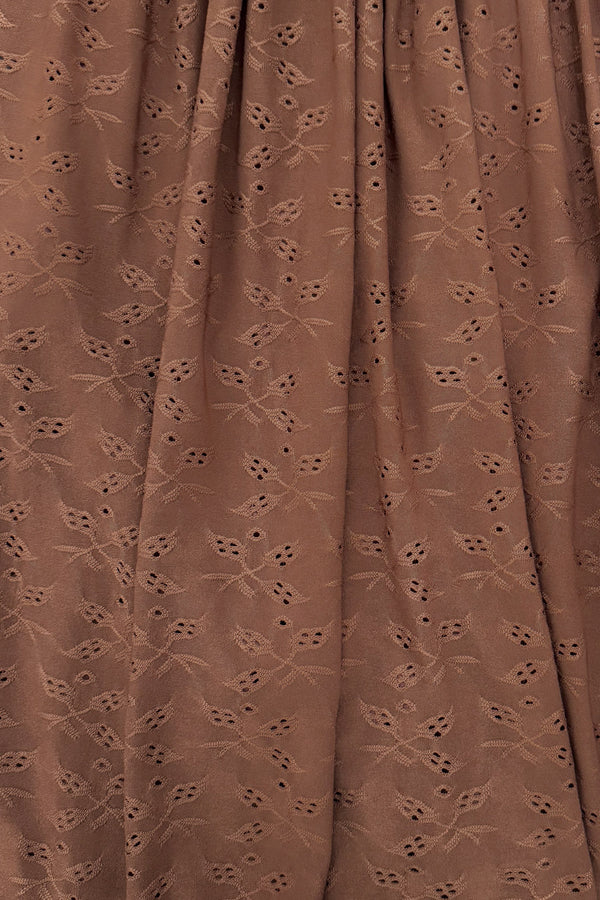 Family Brown Dress & Flannel - GIRL-6-12 Months-FAMILY - Brown fabric with subtle floral eyelet embroidery and gathered pleats.