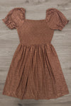 Family Brown Dress & Flannel - MOM-XS-FAMILY - Brown textured dress with puffed short sleeves and gathered waist, knee-length skirt.