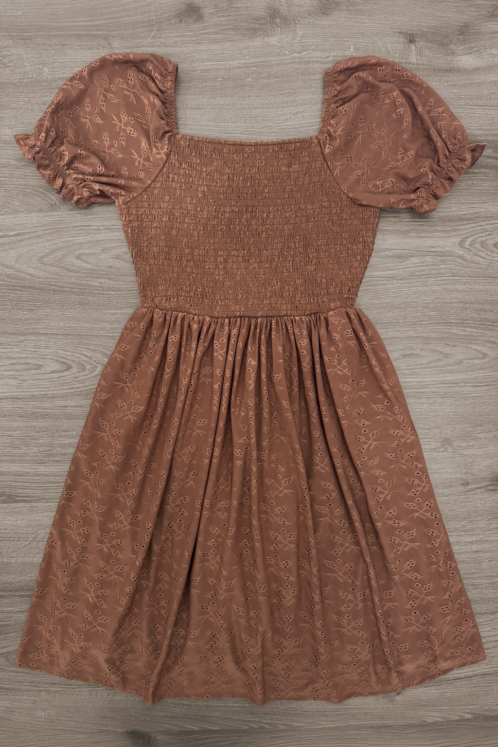 Family Brown Dress & Flannel - MOM-XS-FAMILY - Brown textured dress with puffed short sleeves and gathered waist, knee-length skirt.
