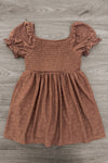 Family Brown Dress & Flannel - GIRL-6-12 Months-FAMILY - Brown dress with smocked bodice and puffed short sleeves, lightweight textured fabric, gathered skirt.