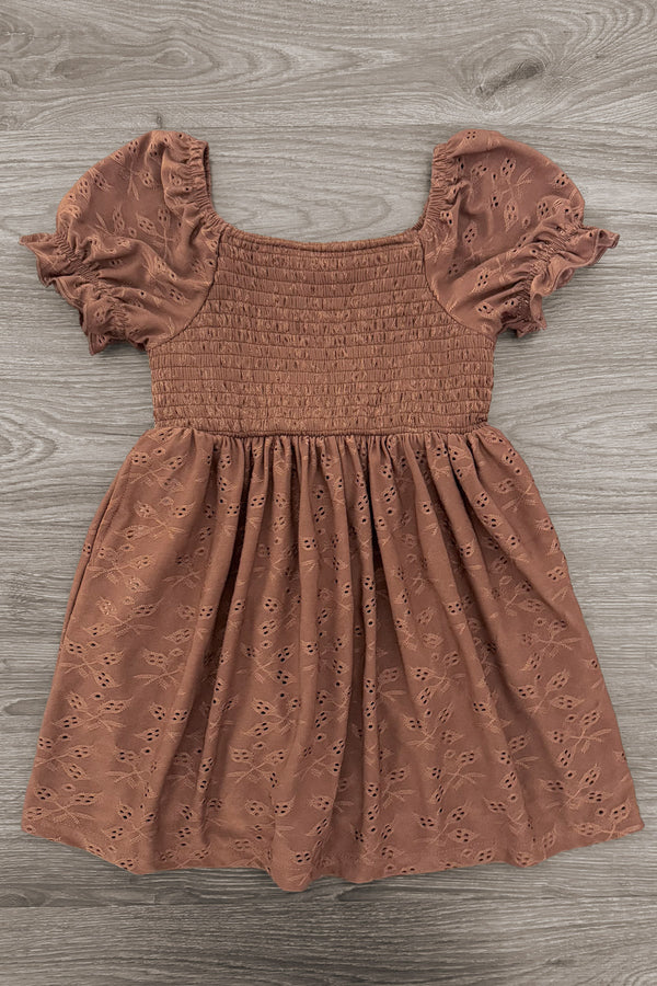 Family Brown Dress & Flannel - GIRL-6-12 Months-FAMILY - Brown dress with smocked bodice and puffed short sleeves, lightweight textured fabric, gathered skirt.