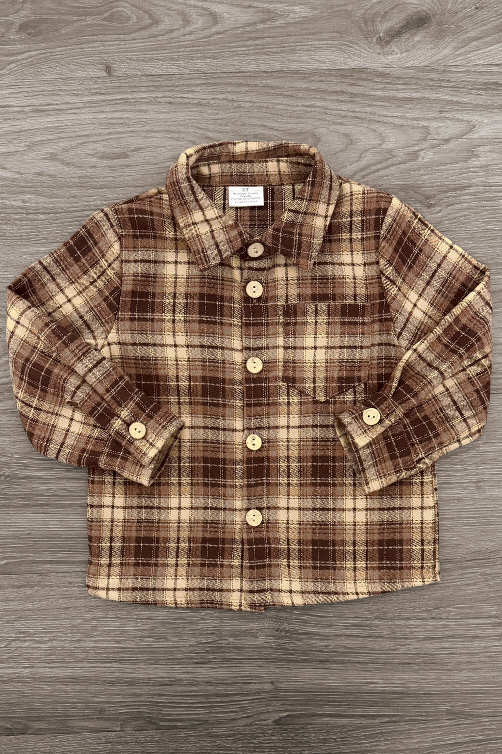 Family Brown Dress & Flannel - BOY-6-12 Months-FAMILY - Brown and cream plaid flannel shirt with long sleeves and front buttons for children.