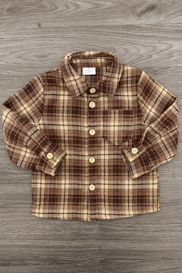 Family Brown Dress & Flannel - BOY-6-12 Months-FAMILY - Brown and cream plaid flannel shirt with long sleeves and front buttons for children.