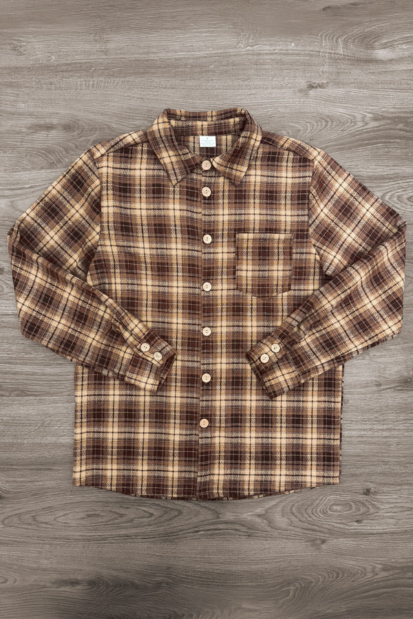Family Brown Dress & Flannel - DAD-Small-FAMILY - Brown and beige plaid flannel shirt with button-up front and chest pocket.