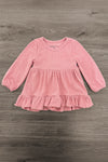 Pink Bow Denim Flare Pant Set - 6-12 Months - Soft pink long-sleeve denim dress with ruffled hem and gathered waist detail.