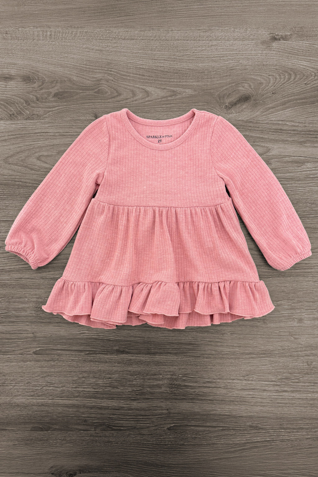 Pink Bow Denim Flare Pant Set - 6-12 Months - Soft pink long-sleeve denim dress with ruffled hem and gathered waist detail.