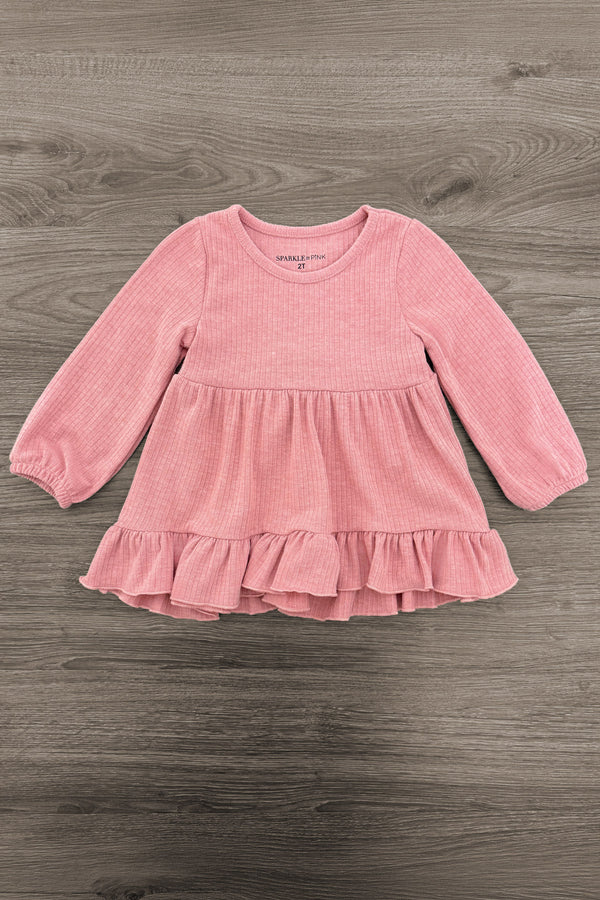 Pink Bow Denim Flare Pant Set - 6-12 Months - Soft pink long-sleeve denim dress with ruffled hem and gathered waist detail.