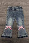 Pink Bow Denim Flare Pant Set - 6-12 Months - Light-wash denim flare pants with pink bows at the knees and elastic waistband.