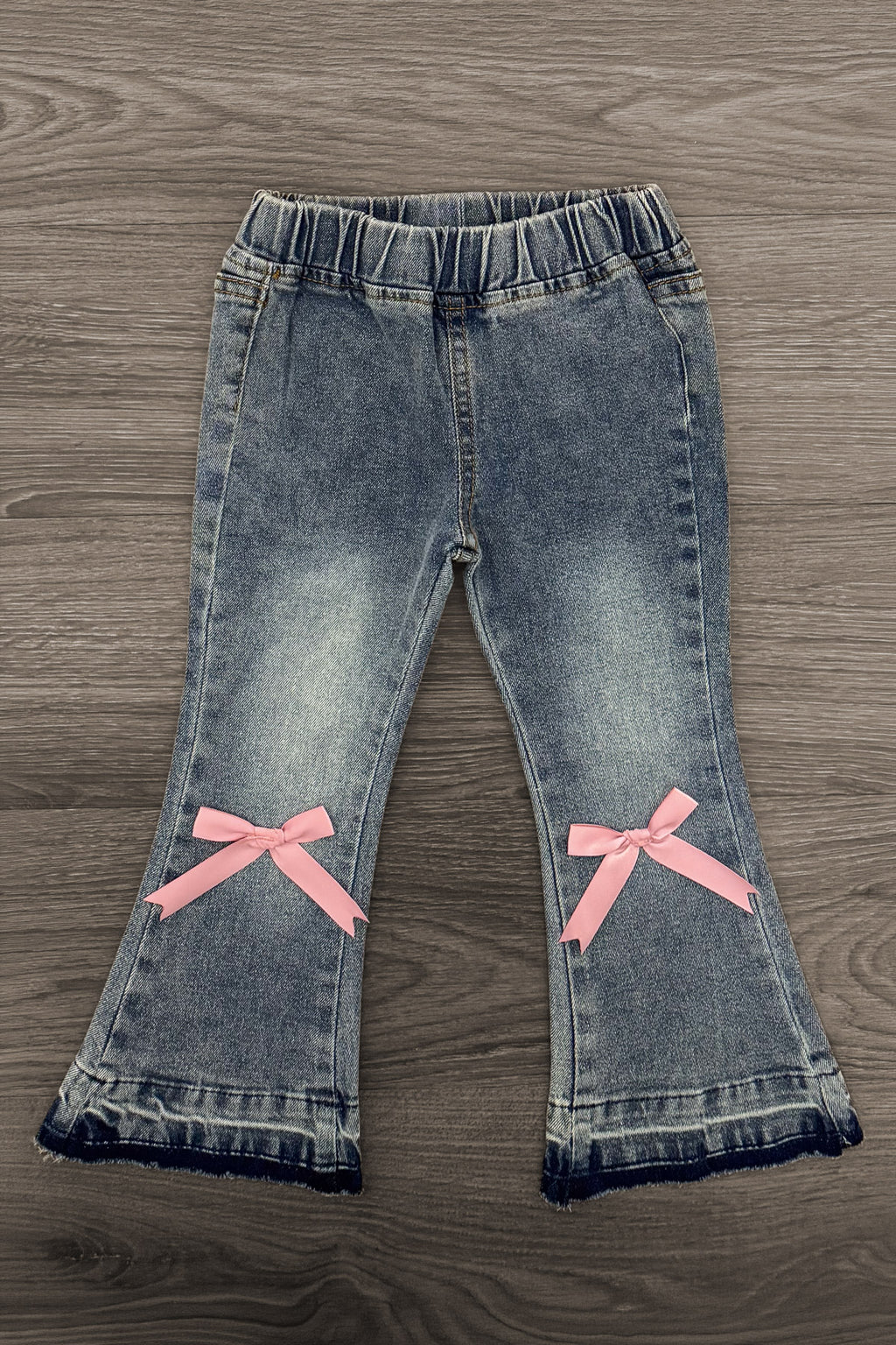 Pink Bow Denim Flare Pant Set - 6-12 Months - Light-wash denim flare pants with pink bows at the knees and elastic waistband.