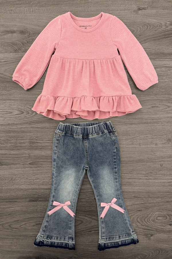 Pink Bow Denim Flare Pant Set - 6-12 Months - Pink long-sleeve top with ruffled hem and light blue denim flared pants featuring pink bow accents at the knees.