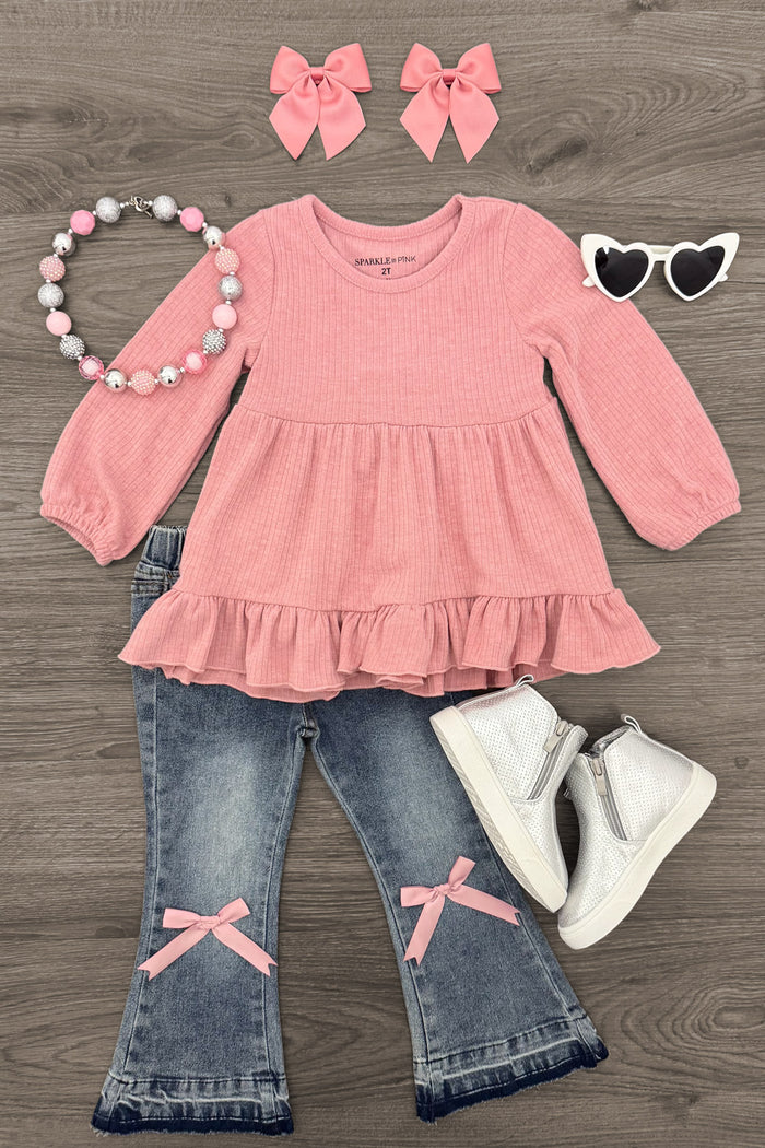 Pink Bow Denim Flare Pant Set - 6-12 Months - Pink long-sleeve ruffle hem top paired with denim flare pants featuring pink bows at the knees, accessorized with pink hair.