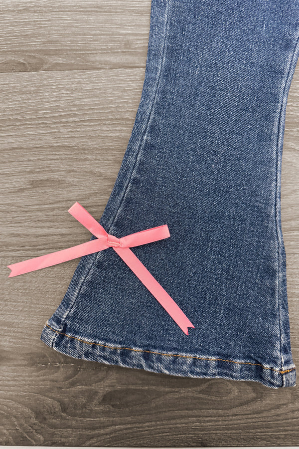 Pink Pony Denim Flare Pant Set - 6-12 Months - Blue denim flare pant leg with a pink ribbon bow detail near the hem.