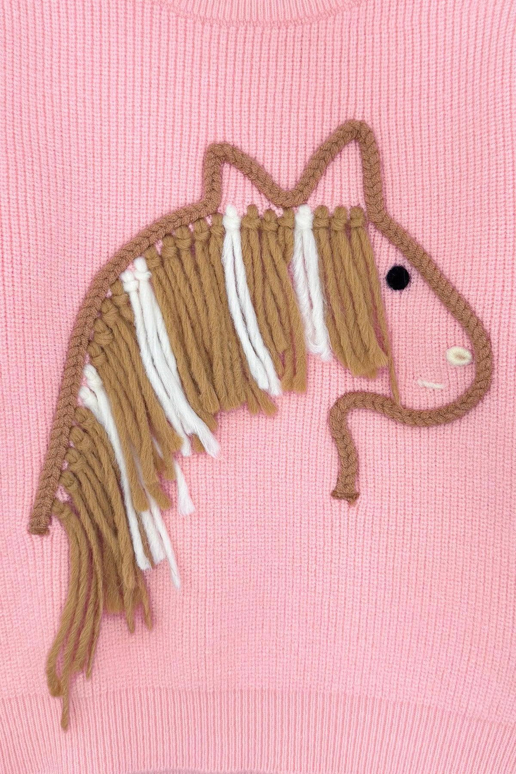 Pink Pony Denim Flare Pant Set - 6-12 Months - Pink knit fabric with a brown and white yarn pony applique featuring braided mane and stitched eye details.