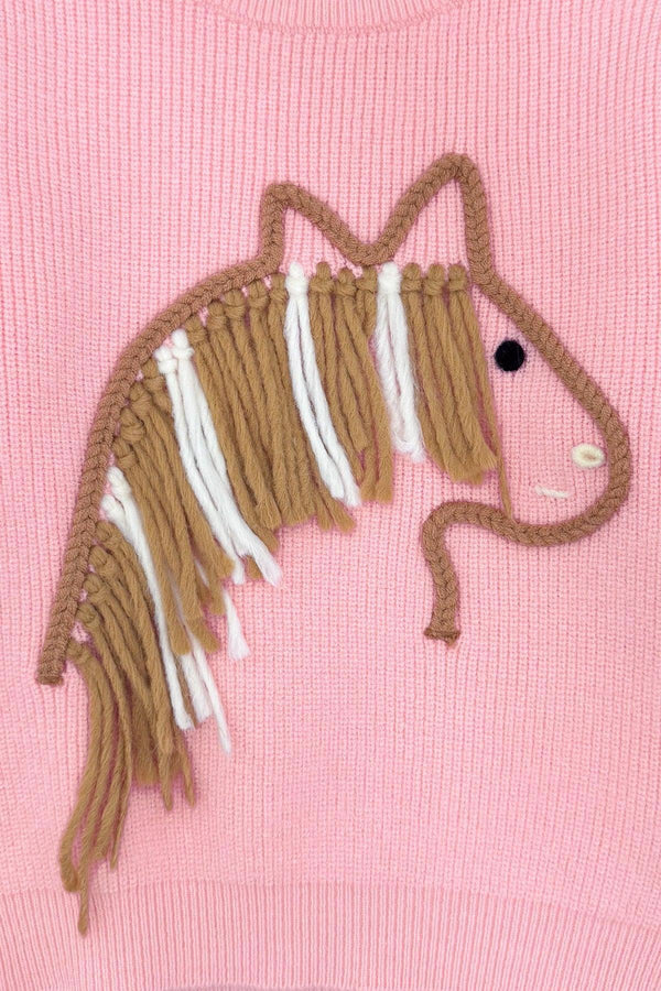 Pink Pony Denim Flare Pant Set - 6-12 Months - Pink knit fabric with a brown and white yarn pony applique featuring braided mane and stitched eye details.