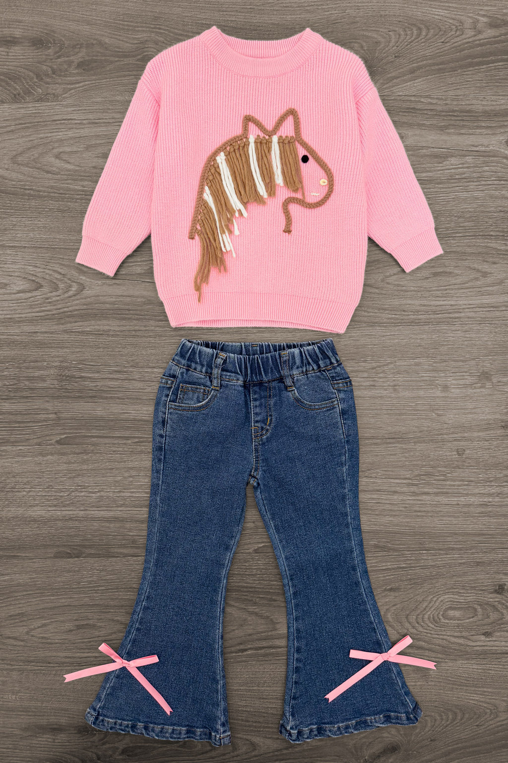 Pink Pony Denim Flare Pant Set - 6-12 Months - Pink long-sleeve sweater with brown pony graphic paired with blue denim flare pants featuring pink bow accents at hems.