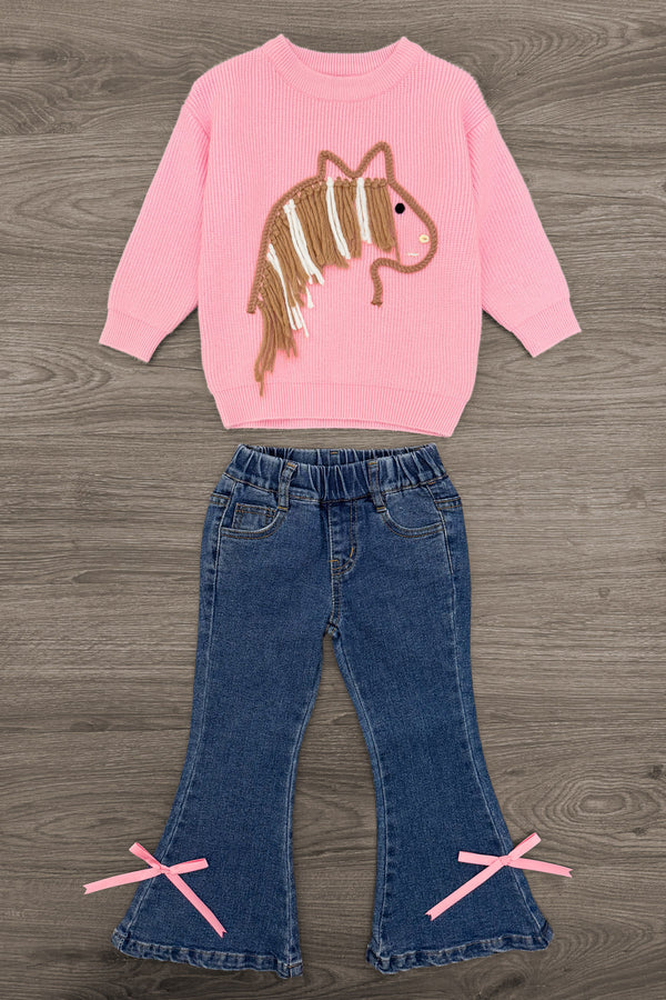 Pink Pony Denim Flare Pant Set - 6-12 Months - Pink long-sleeve sweater with brown pony graphic paired with blue denim flare pants featuring pink bow accents at hems.