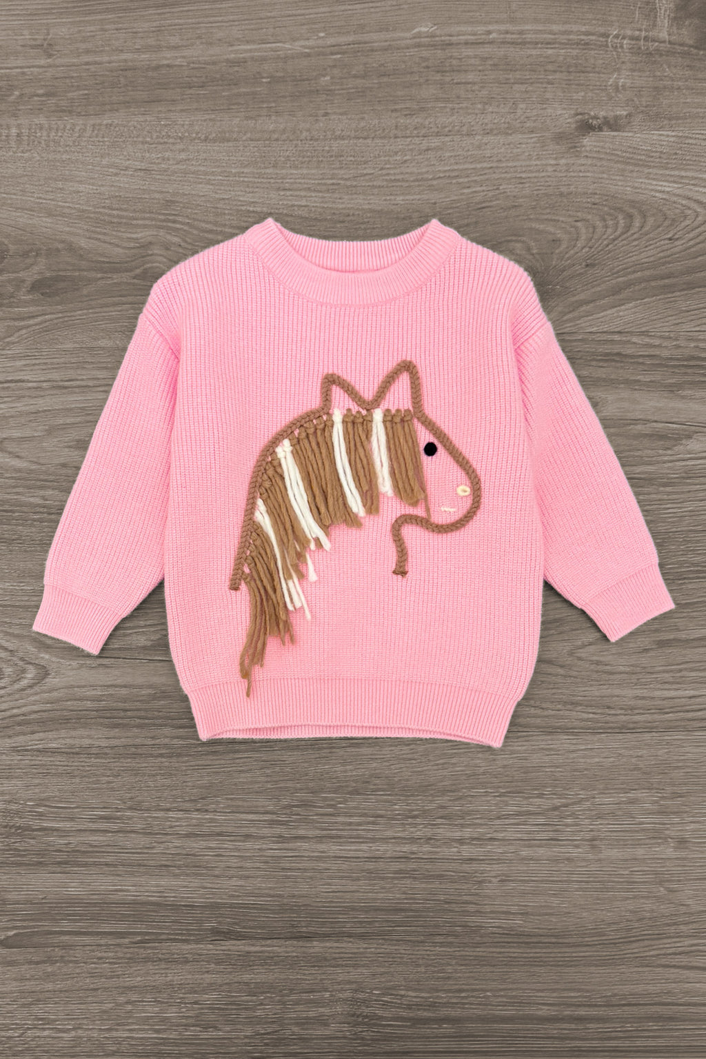 Pink Pony Denim Flare Pant Set - 6-12 Months - Pink knit sweater with a brown and white striped pony graphic on the front.