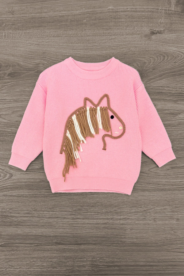 Pink Pony Denim Flare Pant Set - 6-12 Months - Pink knit sweater with a brown and white striped pony graphic on the front.