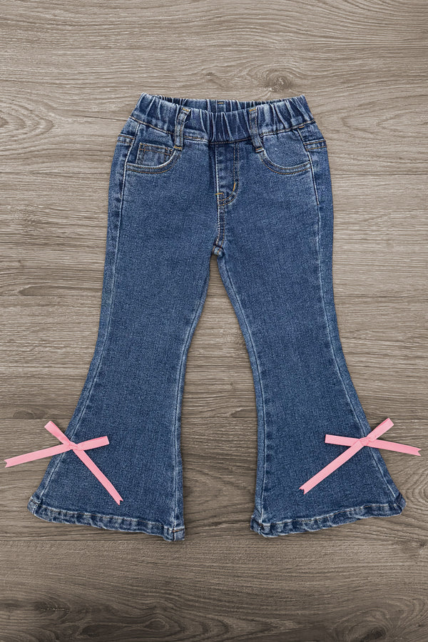 Pink Pony Denim Flare Pant Set - 6-12 Months - Blue denim flare pants with elastic waistband and pink ribbon bows near the hems.