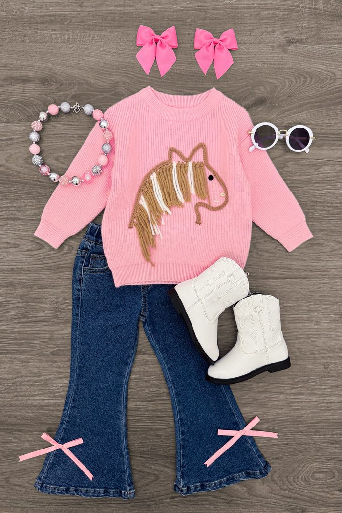 Pink Pony Denim Flare Pant Set - 6-12 Months - Pink long-sleeve top with sequin pony design, dark denim flare pants with pink bows, white boots, pink bow hair clips, and.