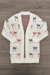 Mom & Me - Cozy Red & Green Bow Cardigan - CHILD-6-12 Months - Cream cardigan with red and green bow patterns, open front, long sleeves, and two front pockets.