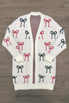 Mom & Me - Cozy Red & Green Bow Cardigan - MOM-XS - Cream knit cardigan with red and green bow patterns and an open front design.