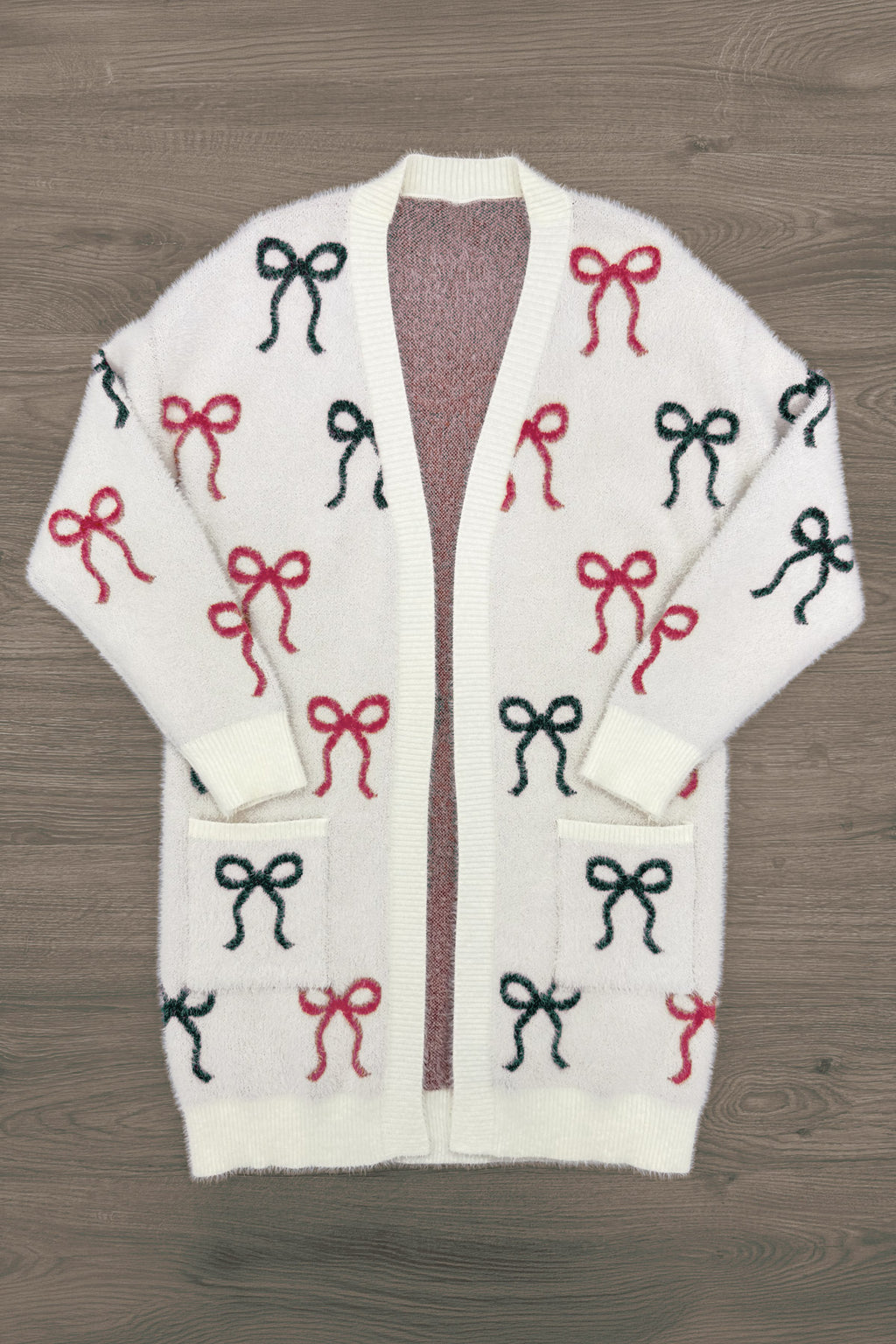 Mom & Me - Cozy Red & Green Bow Cardigan - MOM-XS - Cream knit cardigan with red and green bow patterns and an open front design.
