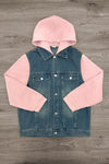 Mom & Me - Pink Hooded Denim Jacket - MOM-XS - Denim jacket with pink hood and sleeves, button-front, chest pockets, casual style.