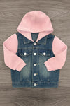 Mom & Me - Pink Hooded Denim Jacket - CHILD-6-12 Months - Pink hoodie sleeves and hood attached to blue denim vest with button front and chest pockets.