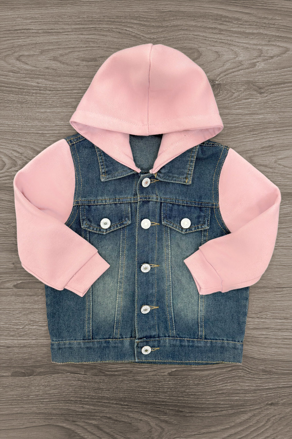Mom & Me - Pink Hooded Denim Jacket - CHILD-6-12 Months - Pink hoodie sleeves and hood attached to blue denim vest with button front and chest pockets.