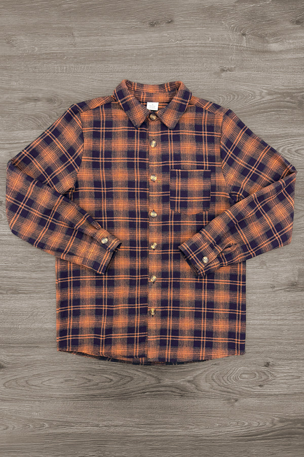 Family Navy & Rust Plaid Dress & Shirt - DAD-XS-FAMILY - Long-sleeve button-up shirt with navy and rust plaid pattern, cotton fabric, classic collar.