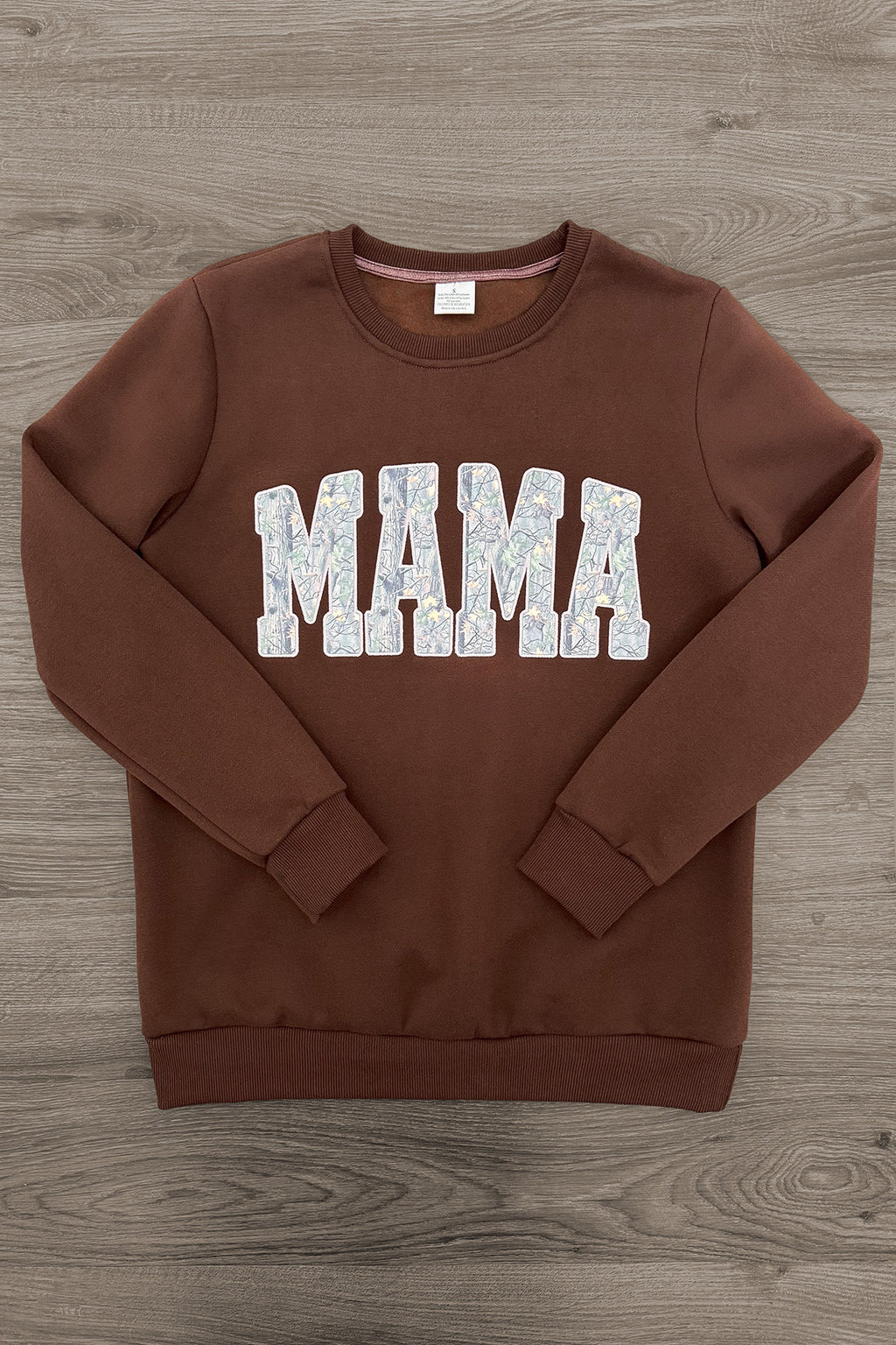 Mom & Me - "Mama & Mini" Camo Sweatshirt - MOM-XS - Brown crewneck sweatshirt with camo-patterned "MAMA" text across the chest, ribbed cuffs and hem.